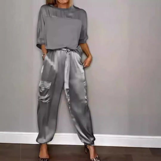 EB | Solide Farbe glatt Satin Top zweiteilige Set für Frauen