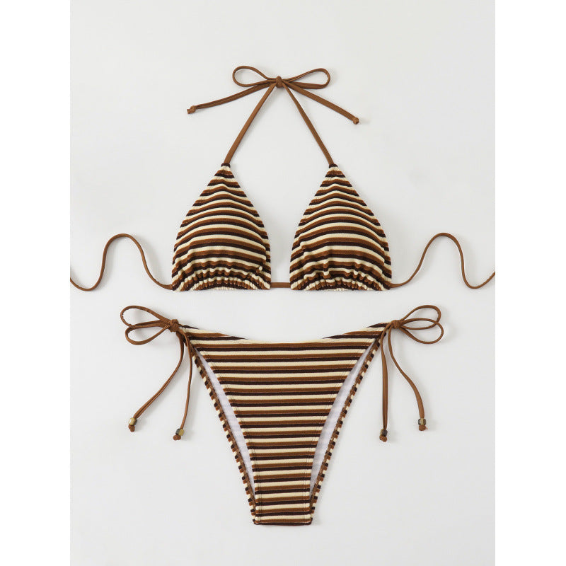 Damen Triangel-Bikini mit verstellbaren Bindebändern und verspieltem Streifenmuster EB