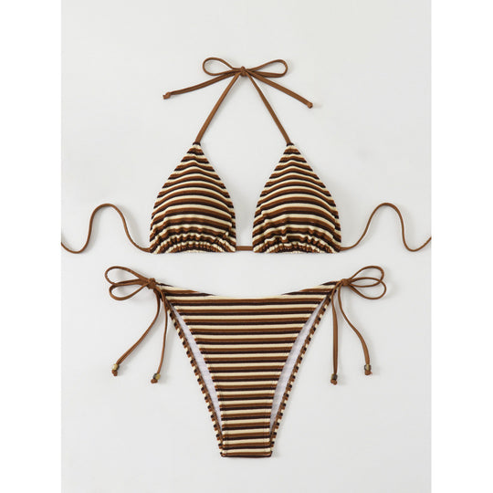 Damen Triangel-Bikini mit verstellbaren Bindebändern und verspieltem Streifenmuster EB