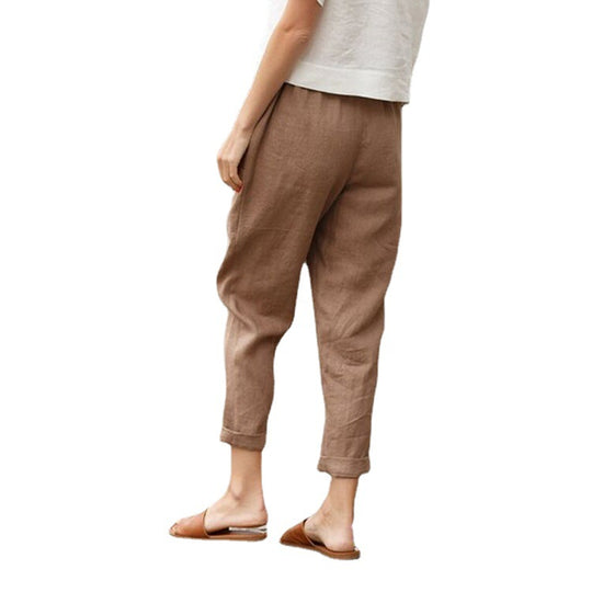 Damen nan leichte Leinenhose mit elastischem Bund, seitlichen Eingrifftaschen und gekrempeltem Saum EB