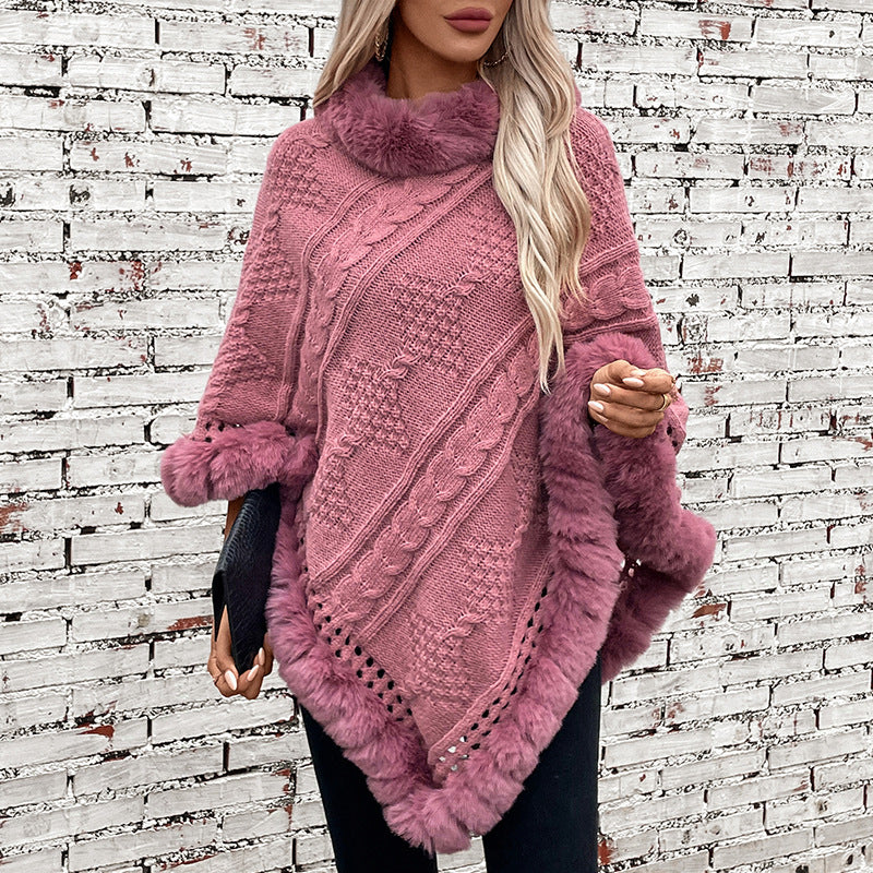 Damen kuscheliger Strickponcho mit samtigem Fellbesatz EB