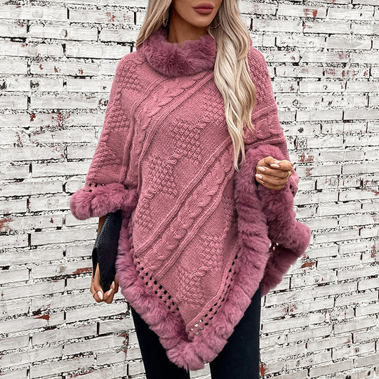 Damen kuscheliger Strickponcho mit samtigem Fellbesatz EB