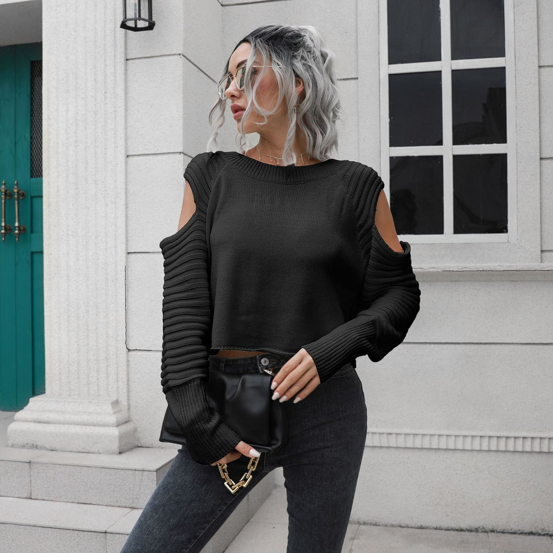 Damen Cropped Pullover mit offener Schulter und Rippstrickmuster EB