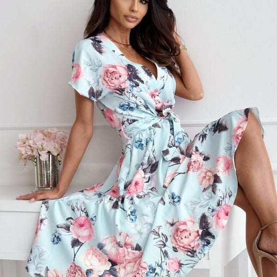 Damen Maxikleid mit Wickeldetail und farbenfrohem Blumenmuster EB