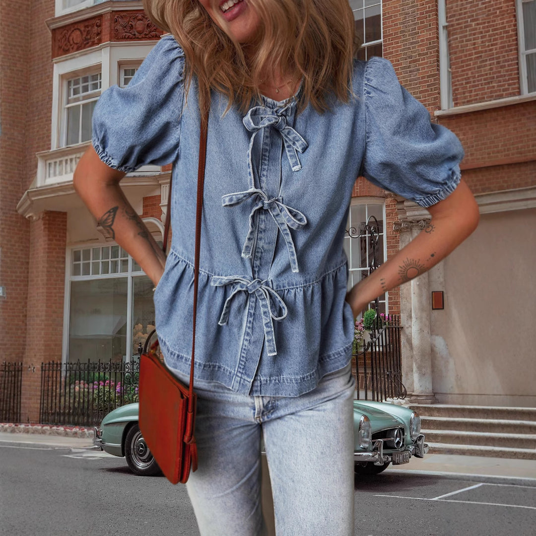 Damen Modische Jeansbluse mit dekorativen Schleifendetails und voluminösen Ärmeln EB