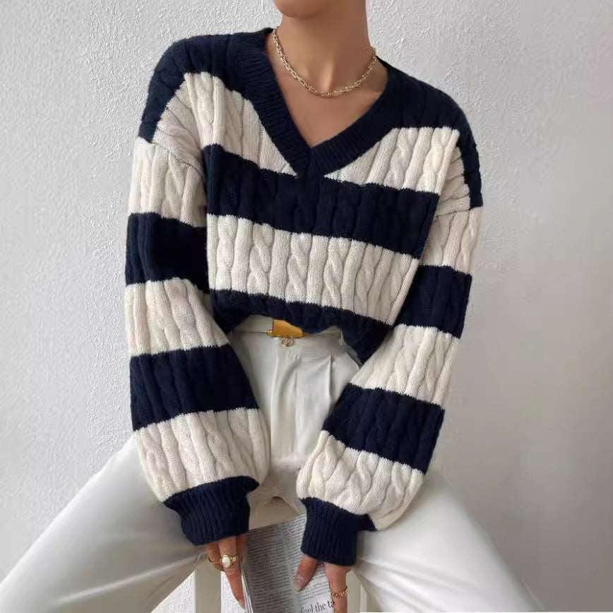 Damen V-Ausschnitt Strickpullover mit Rippstruktur und langen Ärmeln EB