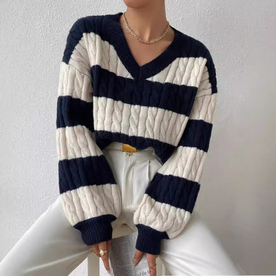 Damen V-Ausschnitt Strickpullover mit Rippstruktur und langen Ärmeln EB