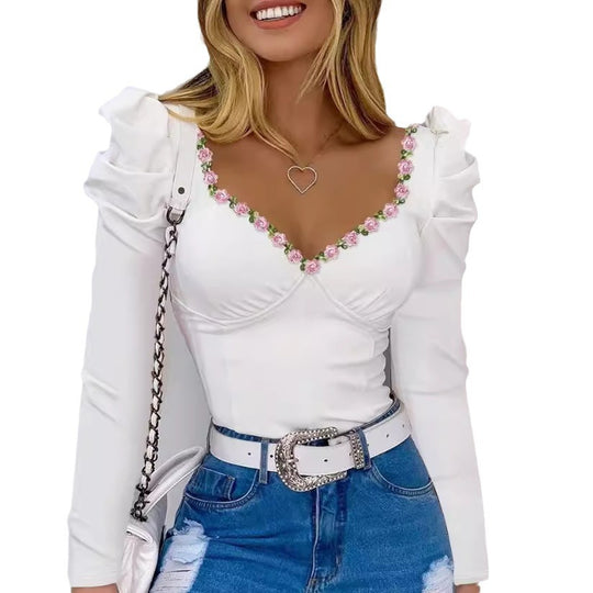 Damen Elegant verzierte Bluse mit Puffärmeln und floralem Ausschnitt EB