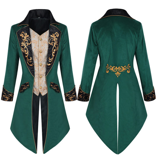 Herren nan eleganter Frackmantel im Barockstil mit goldbesticktem Revers und geteiltem Schwalbenschwanz Eb