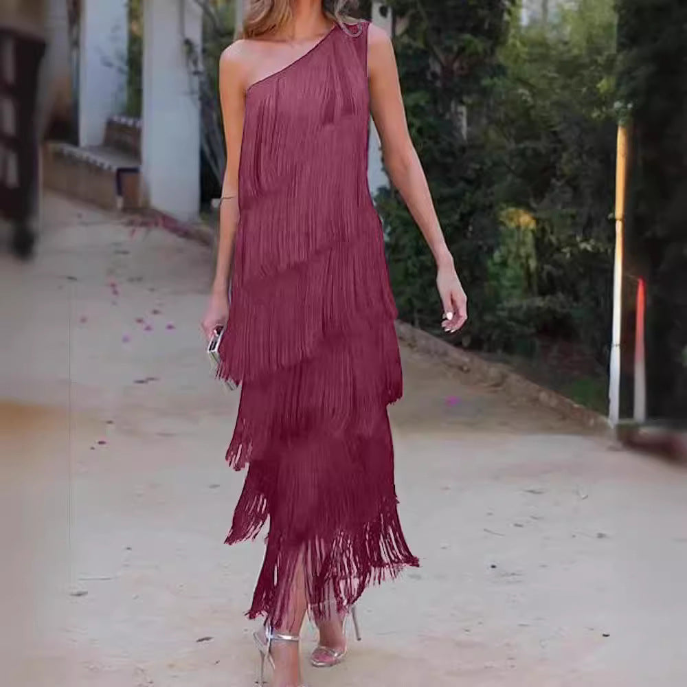 Damen Fransen Maxikleid mit asymmetrischem Schnitt und elegantem Detail EB