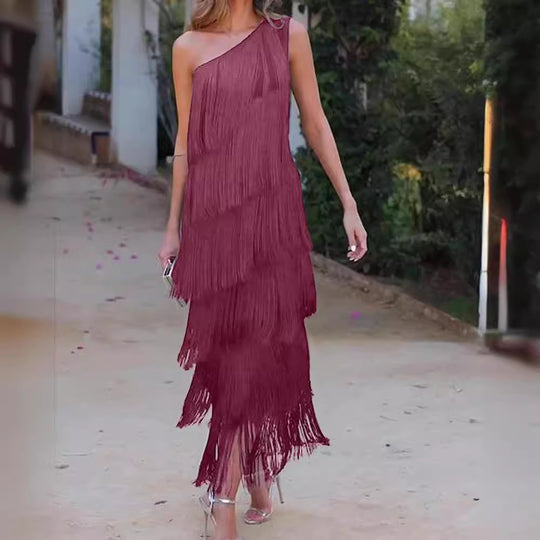 Damen Fransen Maxikleid mit asymmetrischem Schnitt und elegantem Detail EB