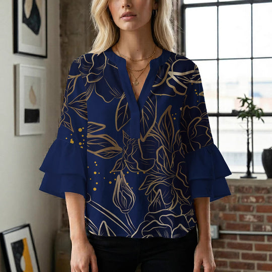 Damen Bluse mit voluminösen Rüschenärmeln und floralem Druck EB