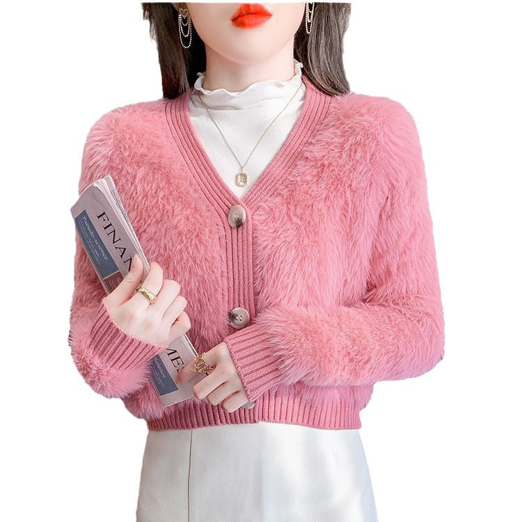 Damen Kuscheliger Cropped Cardigan mit Knopfleiste und weichem Teddy-Fell EB