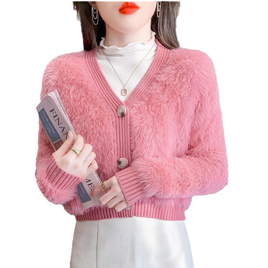 Damen Kuscheliger Cropped Cardigan mit Knopfleiste und weichem Teddy-Fell EB