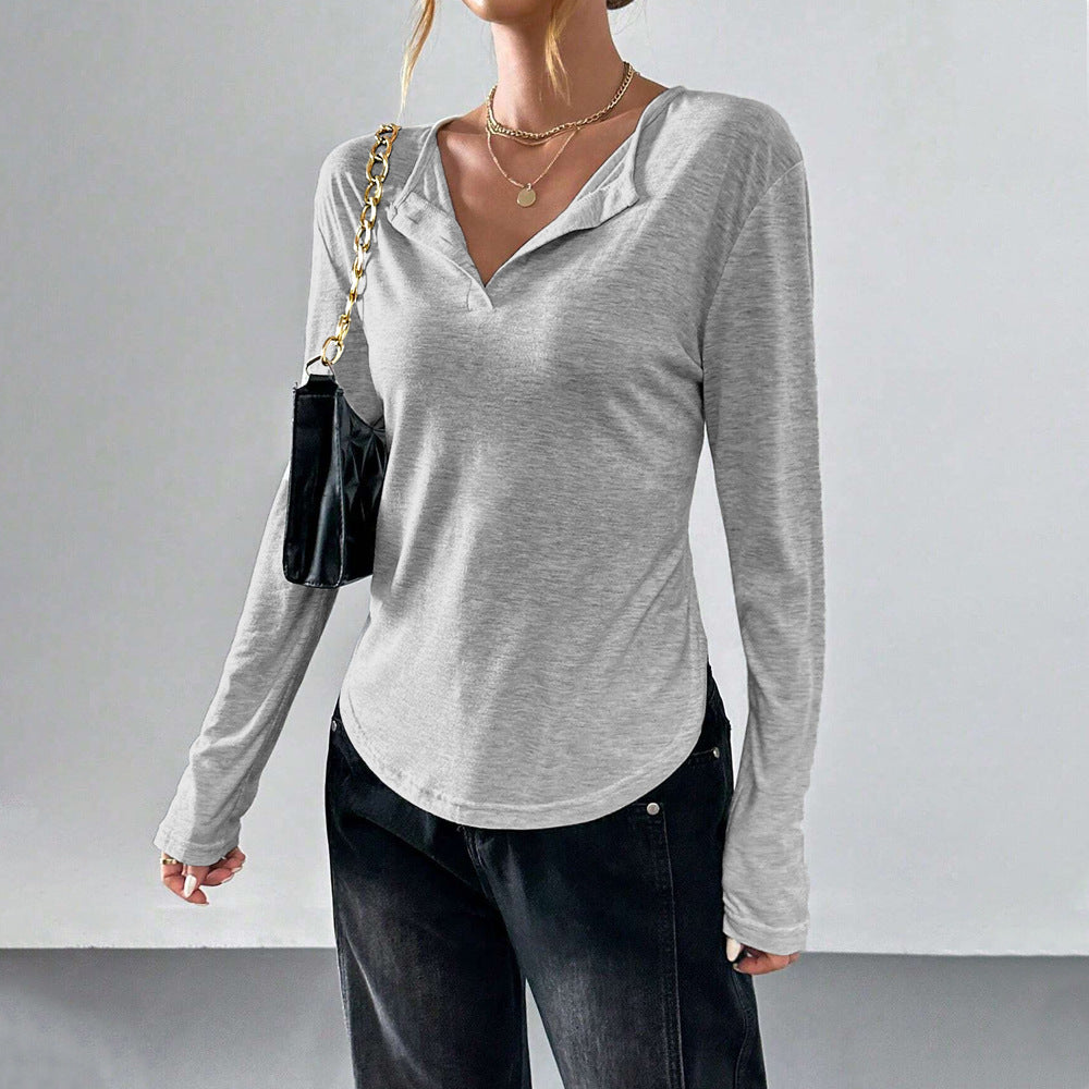 Damen legeres V-Ausschnitt Langarmshirt mit offenem Kragen, weichem Jersey und abgerundetem Saum Eichborn Berlin