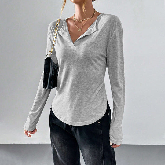 Damen legeres V-Ausschnitt Langarmshirt mit offenem Kragen, weichem Jersey und abgerundetem Saum Eichborn Berlin
