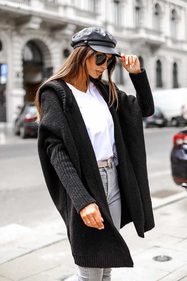 Damen kuschelige Strickjacke mit Kapuze und offenem Schnitt EB