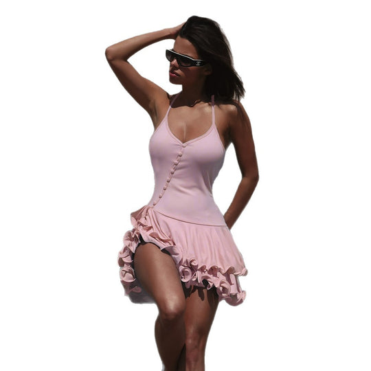 Damen Minikleid mit gerafftem Saum und eleganten Knopfdetails EB