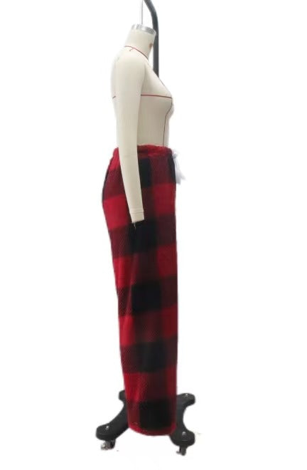 Damen nan kuschelige karierte Fleece-Hose mit Tunnelzugbund und weitem Bein EB