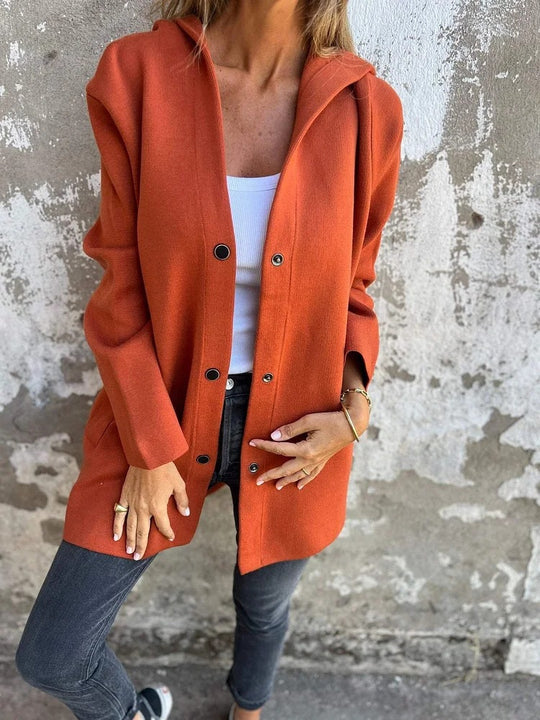 Damen nan Kapuzenmantel mittellanger Baumwollmix mit Druckknopfleiste und Eingrifftaschen EB