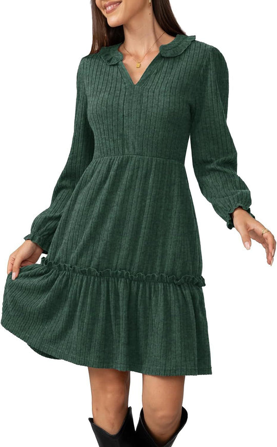 Damen Lockeres Freizeitkleid mit Rüschendetails und eleganter Knopfleiste EB