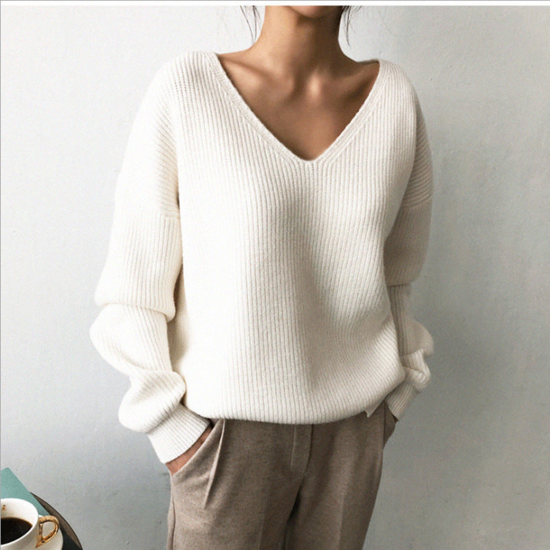 Damen lässiger Strickpullover mit V-Ausschnitt und weit geschnittenen Ärmeln EB