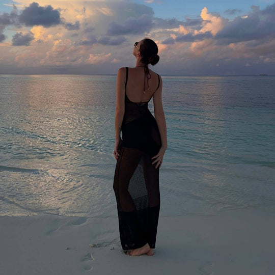 Damen Maxikleid aus transparentem Strickmaterial mit feinster Rippstruktur EB