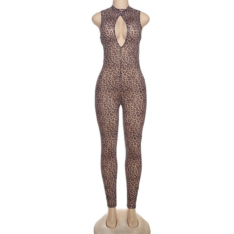 Damen Figurbetonter Jumpsuit mit tiefem Ausschnitt und Leopardenmuster EB