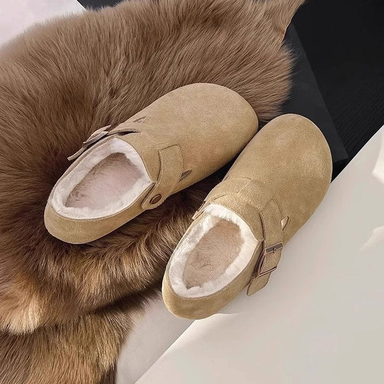 Damen bequeme Filzclogs mit weichem Kunstfellfutter und modischem Schnallenverschluss EB