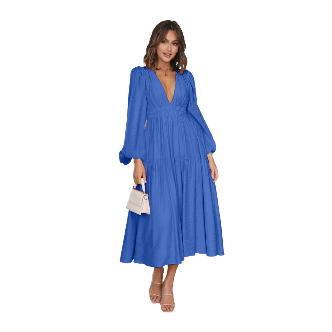 Damen Langarm Maxikleid mit tiefem V-Ausschnitt und weitem Rock EB