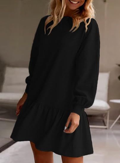 Damen lässiges Sweatkleid mit voluminösen Ärmeln und Rüschensaum EB