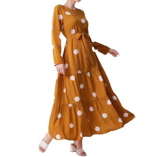 Damen Maxikleid mit buntem Polka-Dot-Muster und Taillengürtel EB
