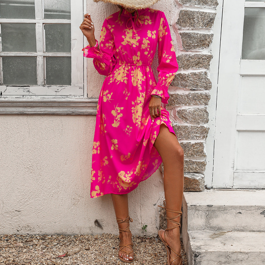 Damen Maxikleid mit floralem Print und angenähtem Bindeband EB