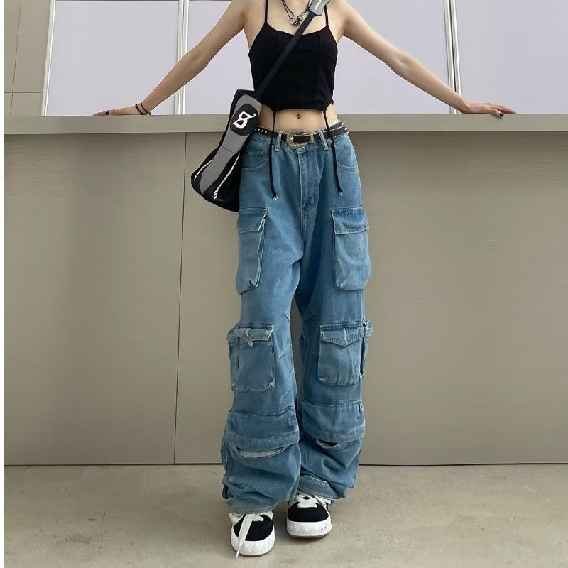 Damen weit geschnittene Cargo-Jeans mit mehreren Taschen und entspannter Passform EB