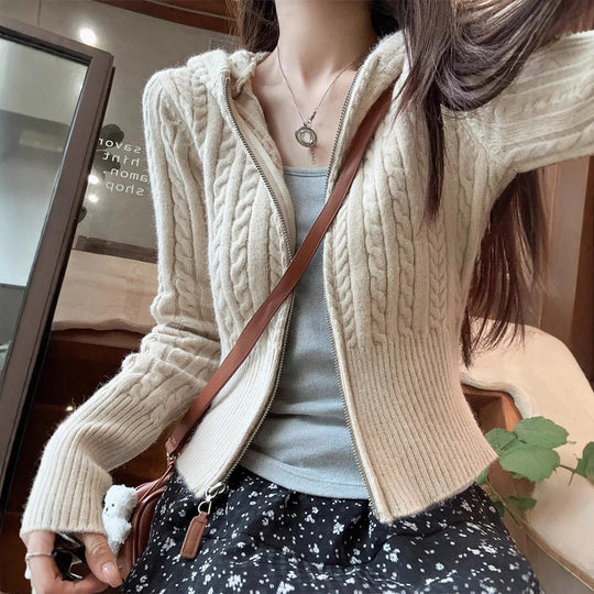 Damen modischer Strickpullover mit Kapuze und Zopfmuster EB