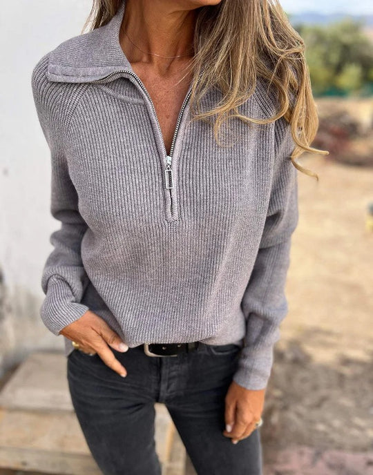 Damen Sportlicher Strickpullover mit Stehkragen und Reißverschluss EB