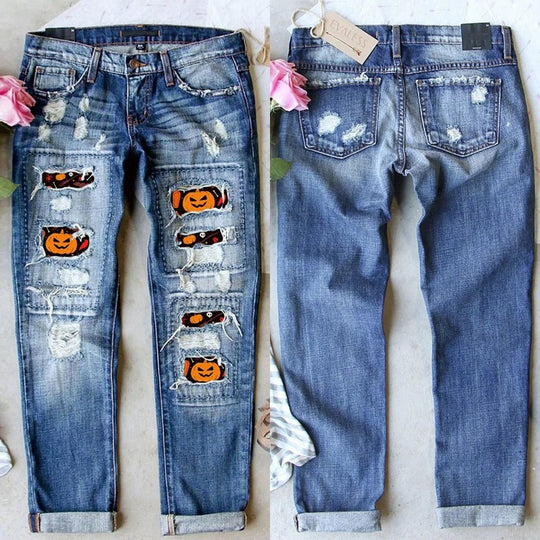 Damen Jeans im kreativen Design mit Spooky-Motiven und lässigem Fit EB