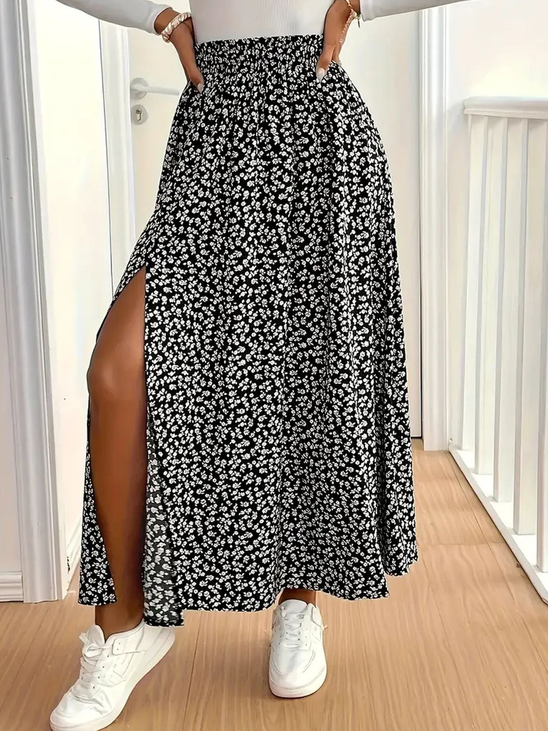 Damen Maxirock mit floralem Muster und seitlichem Schlitz EB