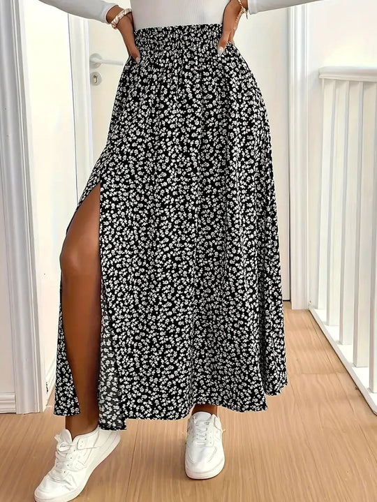 Damen Maxirock mit floralem Muster und seitlichem Schlitz EB