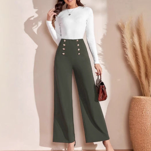 Damen Hochwaisted Weite Hose mit dekorativen Knöpfen EB
