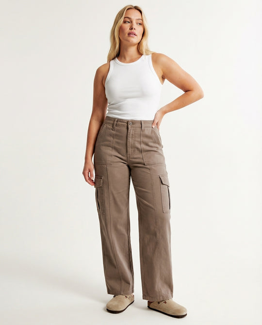 Damen hochtaillierte Utility-Hose mit weiten Beinpartien, aufgesetzten Klappentaschen und Knopf-Saumverstellung EB
