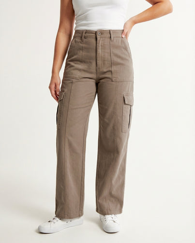 Damen hochtaillierte Utility-Hose mit weiten Beinpartien, aufgesetzten Klappentaschen und Knopf-Saumverstellung EB