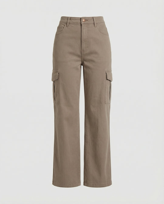Damen hochtaillierte Utility-Hose mit weiten Beinpartien, aufgesetzten Klappentaschen und Knopf-Saumverstellung EB