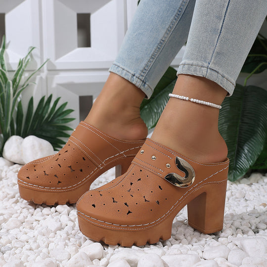 Damen modische Clogs mit perforiertem Design und elegantem Blockabsatz EB
