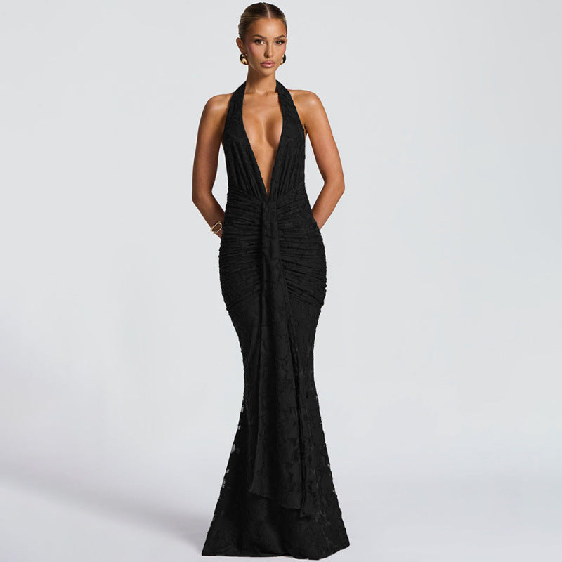 Damen Elegantes Maxikleid mit tiefem V-Ausschnitt und strukturierter Raffung EB
