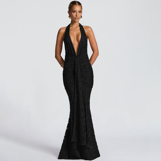 Damen Elegantes Maxikleid mit tiefem V-Ausschnitt und strukturierter Raffung EB
