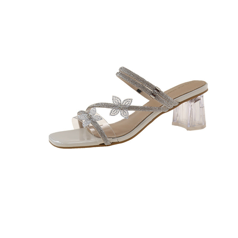 Damen Elegante Sandaletten mit funkelnden Strassblumen und transparentem Absatz EB