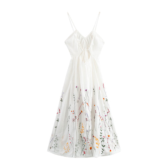 Damen Spaghetti-Träger Kleid mit floralen Stickereien EB