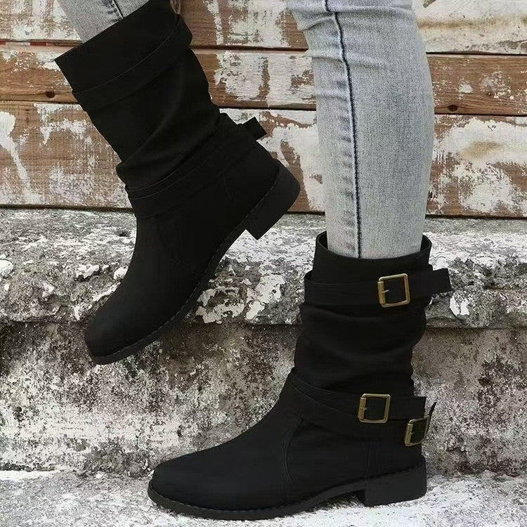 Damen nan lässiger mittlerer Schaftstiefel mit weichem Slouch-Effekt, dekorativen Schnallenriemen und robustem Blockabsatz EB