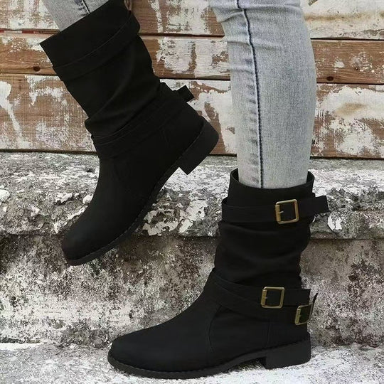Damen nan lässiger mittlerer Schaftstiefel mit weichem Slouch-Effekt, dekorativen Schnallenriemen und robustem Blockabsatz EB
